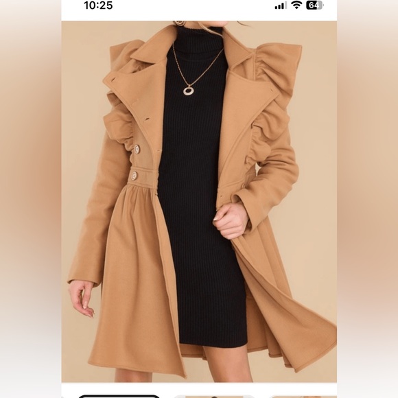 Aura Exaggerated Ruffled Double Breasted Coat Camel NWT SMALL Red dress Botique - Picture 3 of 9